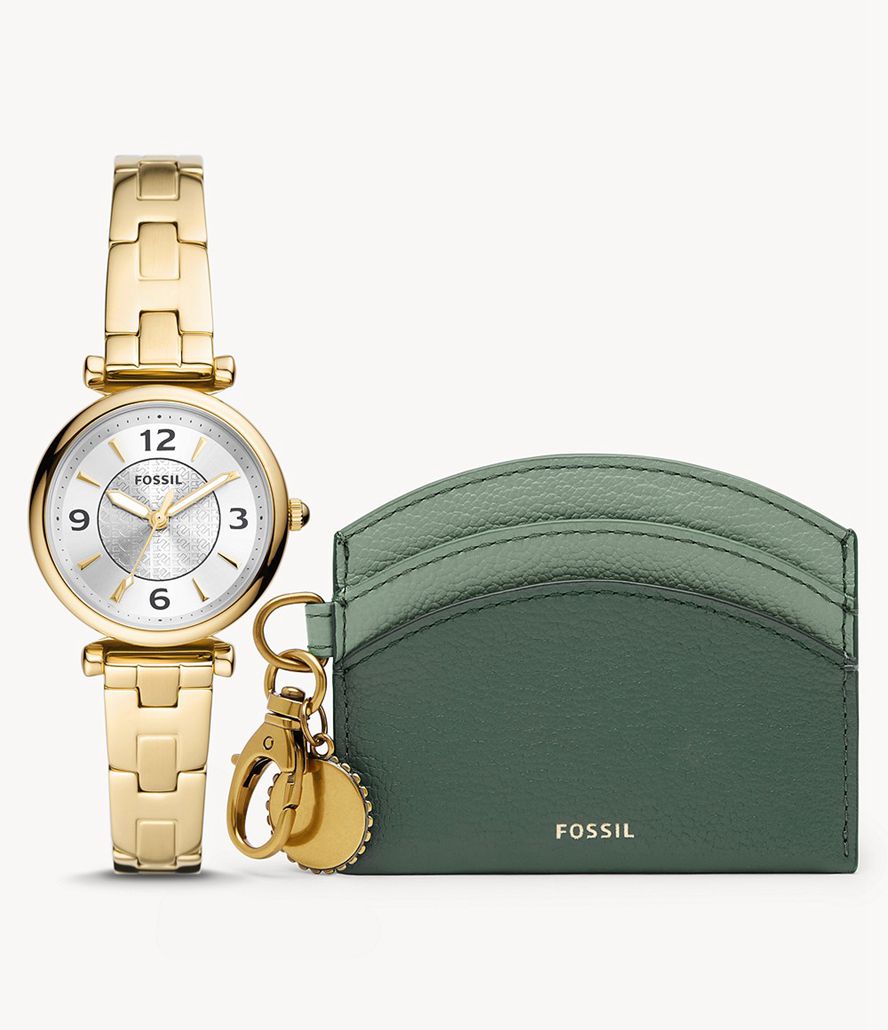 Fossil Carlie Three-Hand Stainless Steel And Card Case Box Set Ure Dame Guld | CROFZG-270