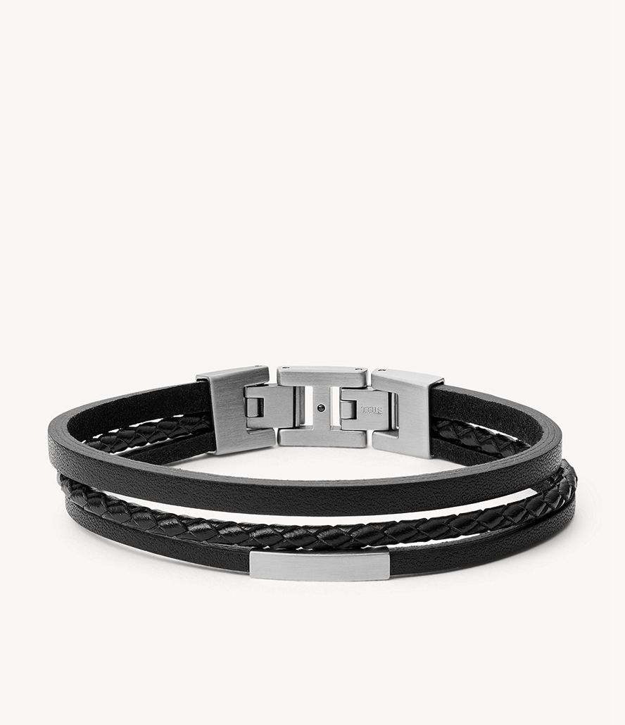 Fossil Multi-Strand Silver-Tone Steel And Læder Armbånd Herre Sort | MLNPBR-398