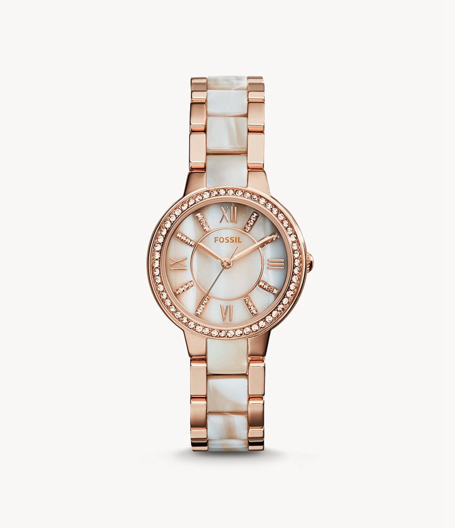 Fossil Virginia Rose-Tone & Horn Acetate Stainless Steel Ure Dame Lyserød Guld | YUCEKB-750