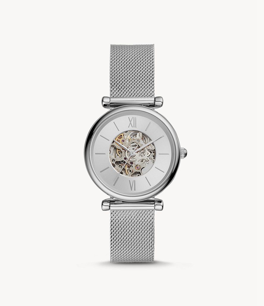 Fossil Carlie Automatisk Stainless Steel Mesh Ure Dame Sølv | CUXZNB-457