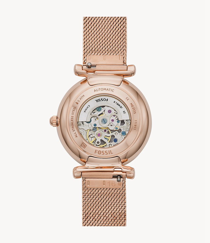 Fossil Carlie Automatisk Tone Stainless Steel Mesh Ure Dame Lyserød Guld | WTNCOG-368