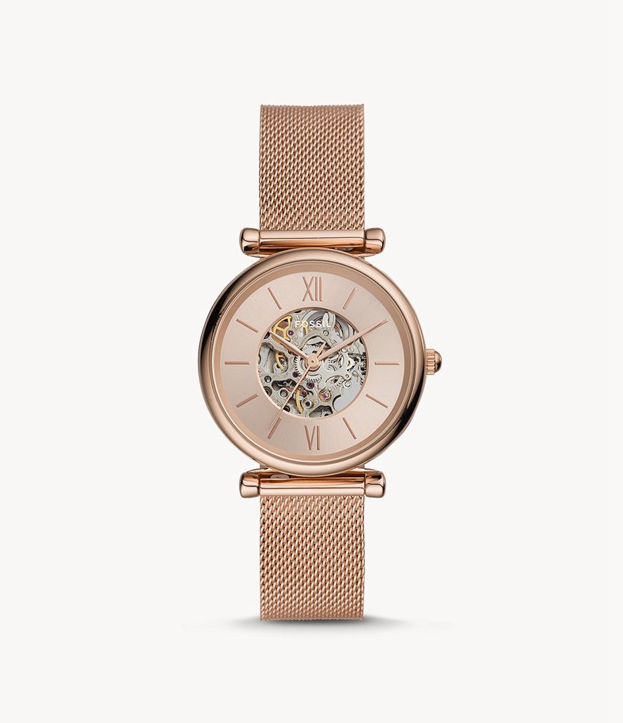 Fossil Carlie Automatisk Tone Stainless Steel Mesh Ure Dame Lyserød Guld | WTNCOG-368