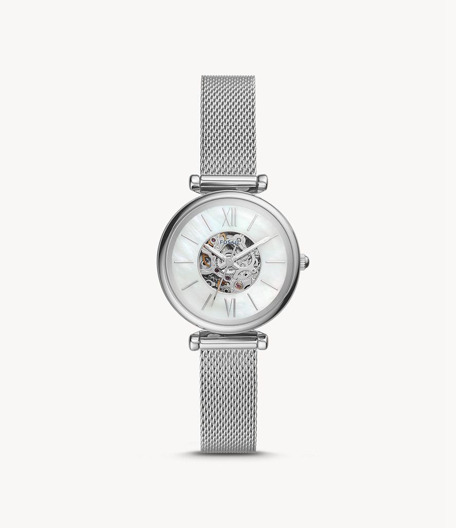 Fossil Carlie Mini Automatisk Stainless Steel Mesh Ure Dame Sølv | BKOVNU-568