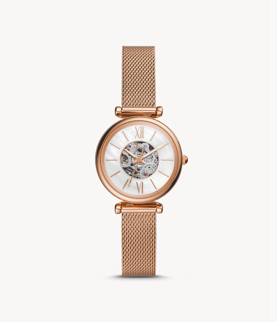 Fossil Carlie Mini Automatisk Tone Stainless Steel Mesh Ure Dame Lyserød Guld | WHJABI-725