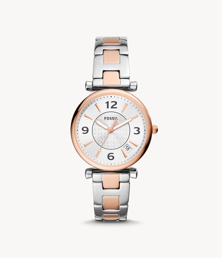 Fossil Carlie Three-Hand Date Two-Tone Stainless Steel Ure Dame Lyserød Guld | NJPSIY-432