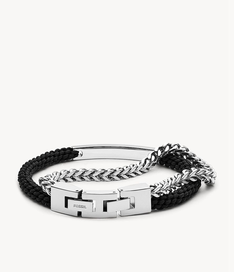 Fossil Double-Strand Nylon And Silver-Tone Steel Armbånd Herre Sølv | ECMJXG-592