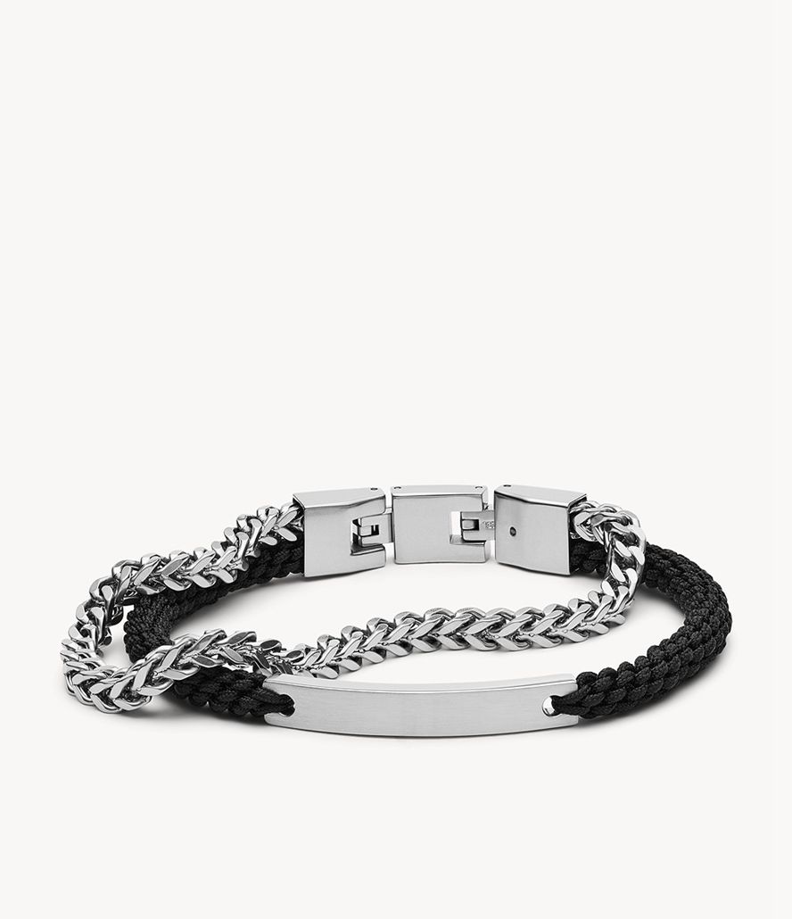 Fossil Double-Strand Nylon And Silver-Tone Steel Armbånd Herre Sølv | ECMJXG-592