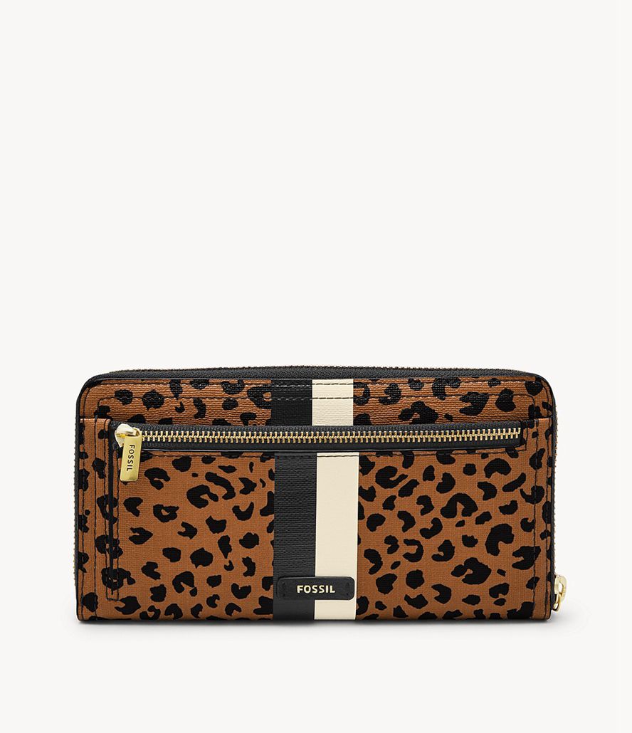 Fossil Logan Rfid Zip Around Clutch Taske Dame Leopard | DWTLUM-492