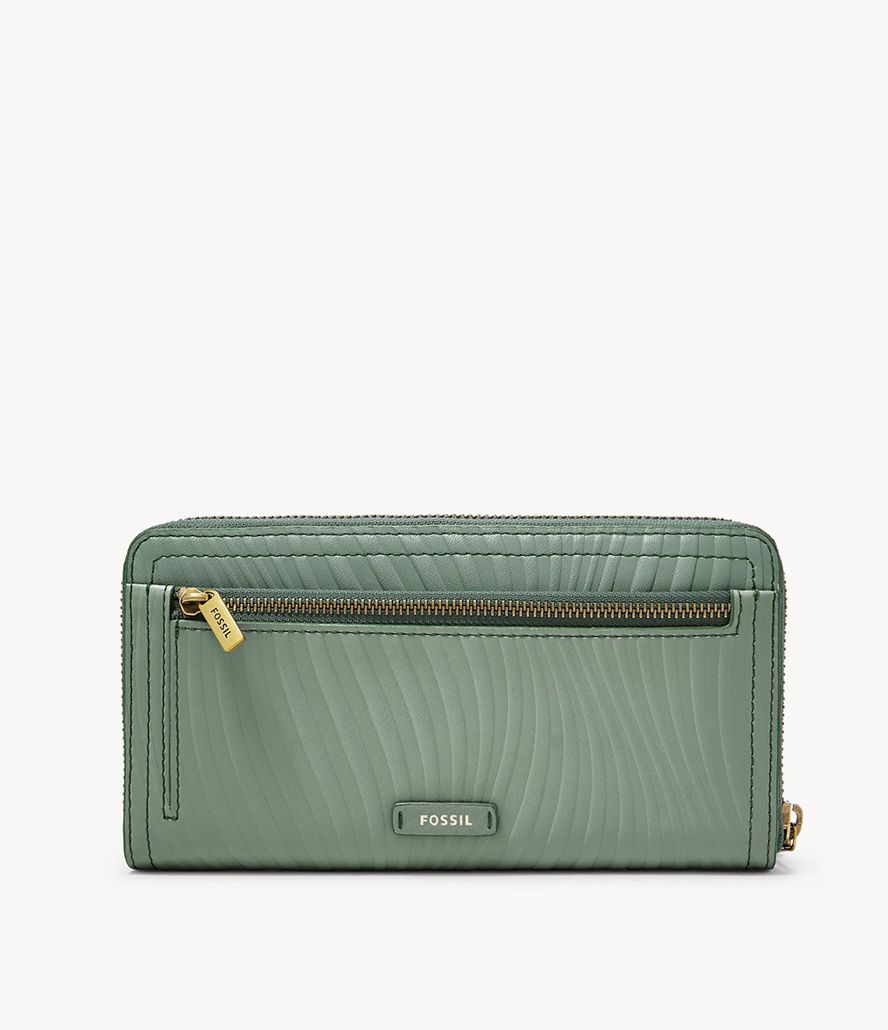 Fossil Logan Zip Clutch Taske Dame Grøn | IHRZEJ-307