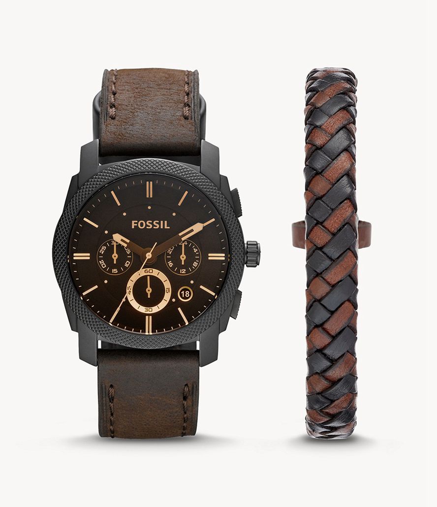 Fossil Machine Kronograf Læder And Bracelet Box Set Ure Herre Sort | GRNYME-025