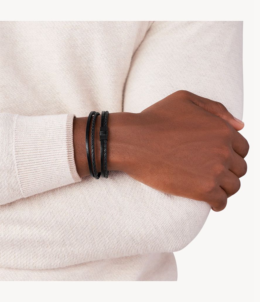 Fossil Multi-Strand Læder Armbånd Herre Sort | QVOKXP-173