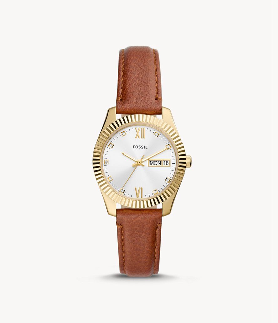 Fossil Scarlette Three-Hand Day-Date Tan Læder Ure Dame Guld | XMNYLP-894