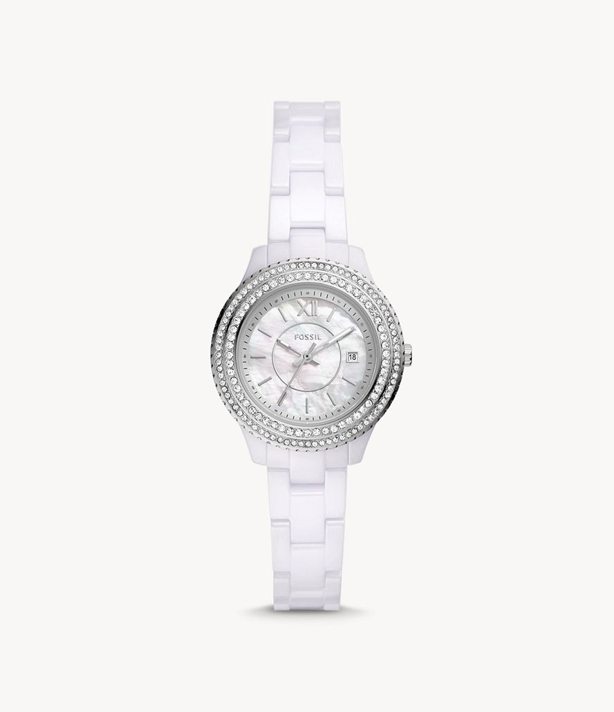 Fossil Stella Three-Hand Date Keramisk Ure Dame Hvide | LVSDUH-809