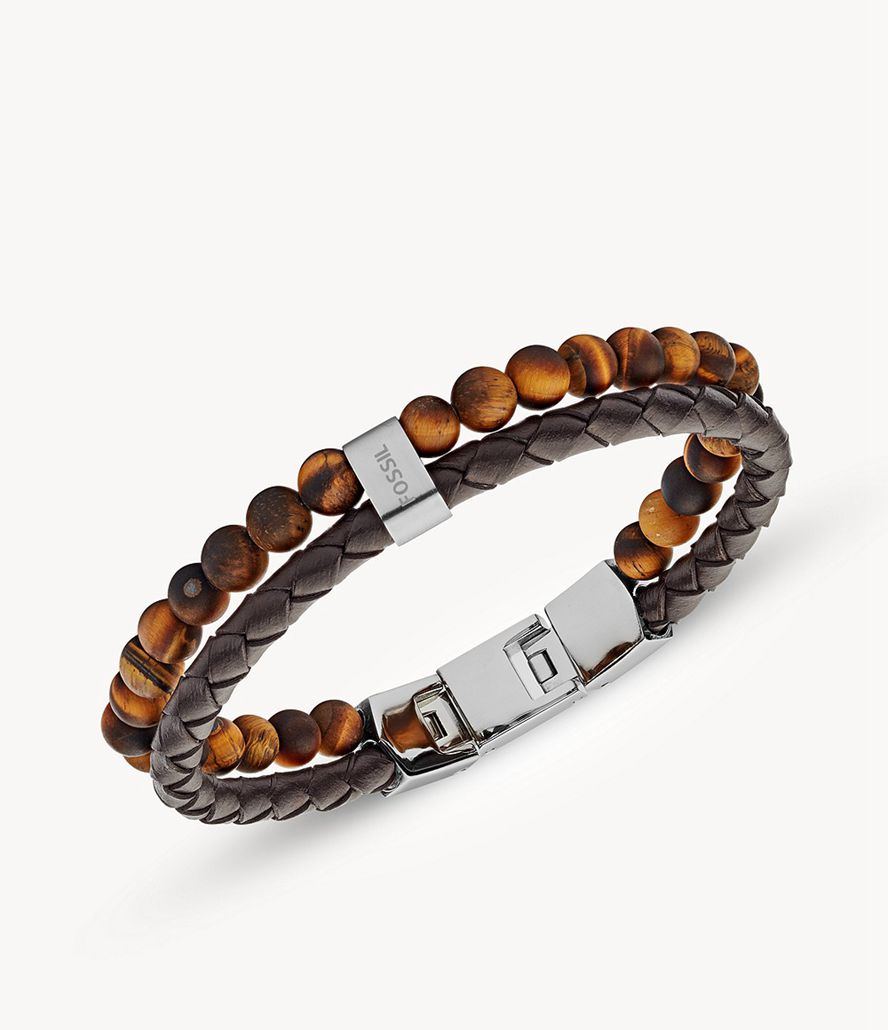 Fossil Tiger's Eye And Læder Armbånd Herre Brune | EIHWAK-319