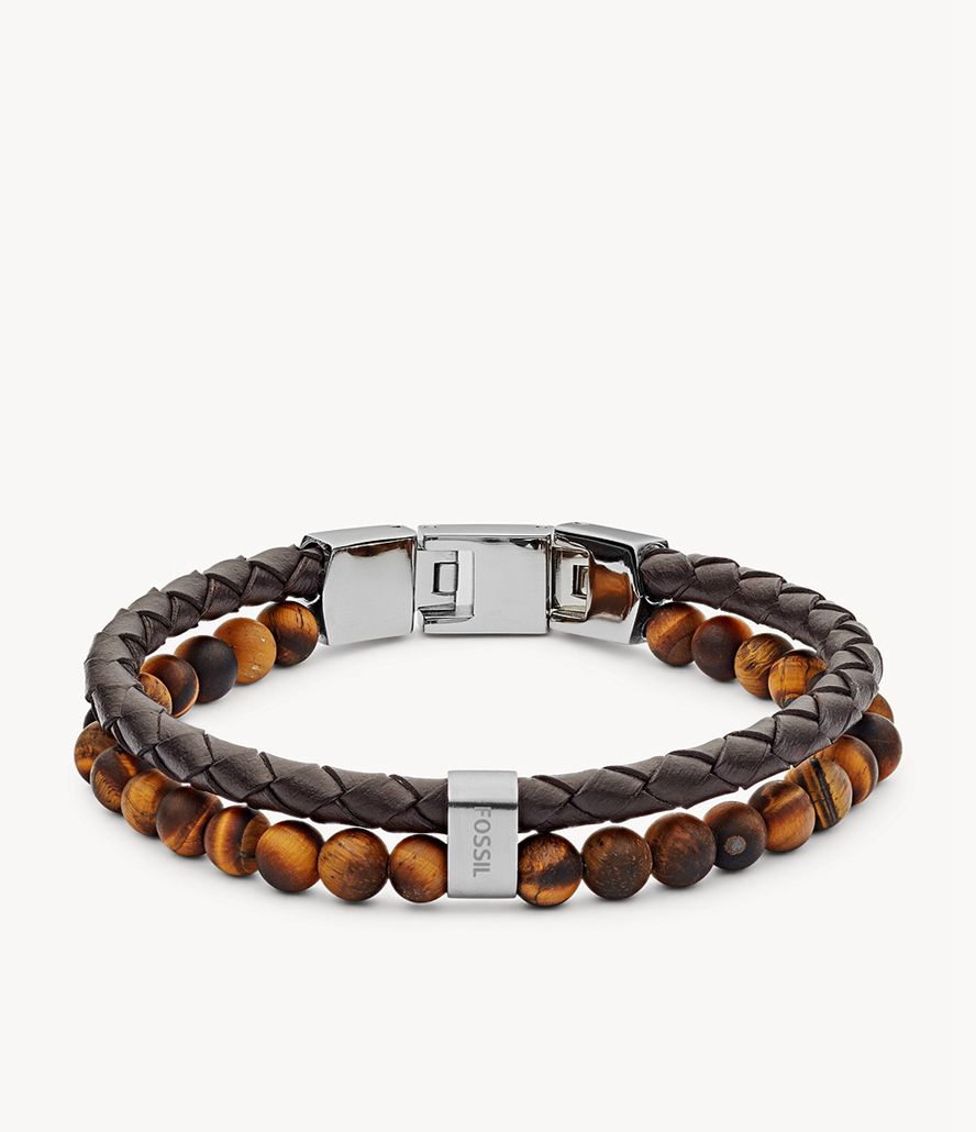 Fossil Tiger\'s Eye And Læder Armbånd Herre Brune | EIHWAK-319