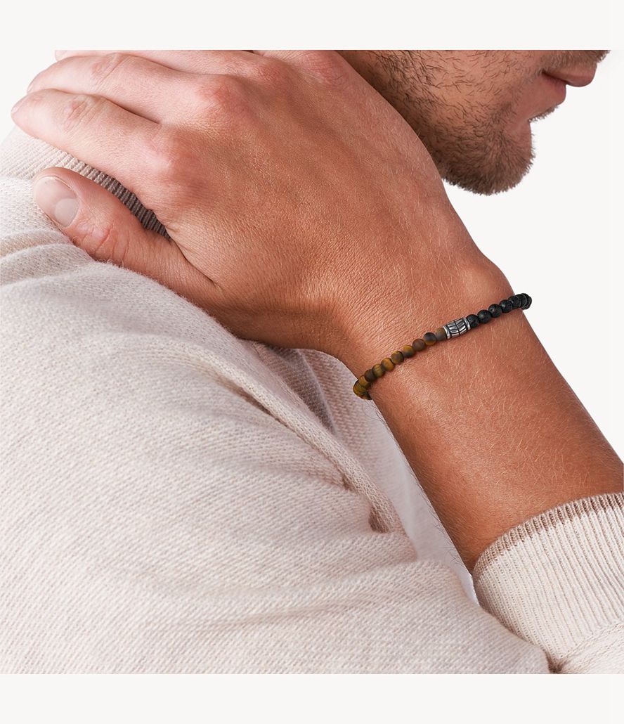 Fossil Tiger's Eye Beaded Armbånd Herre Sort | AXUFYD-742